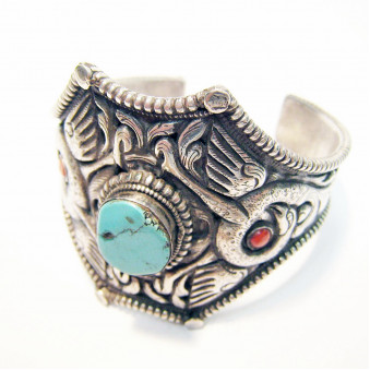 BR-01 bangle Peacock open carved with turquoise 800-silver handmade hand forged Nepal