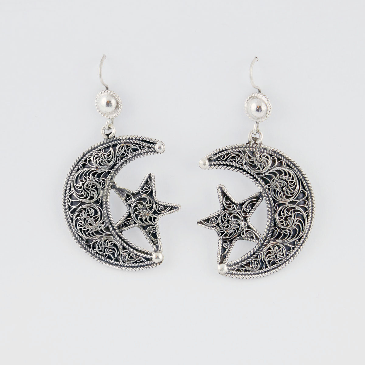 Earrings moon star with fine filigree work, silver